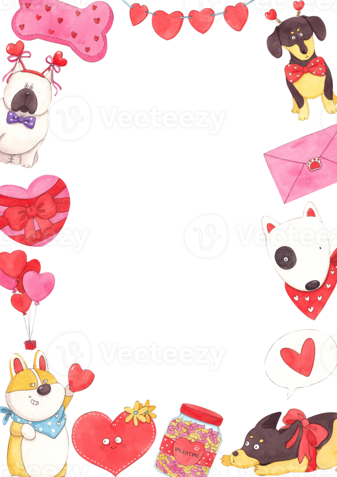 Hearts surrounding a white dog, a brown dog, a purple fat cat, balloons, hearts, an envelope., hand-drawn watercolor frame design png