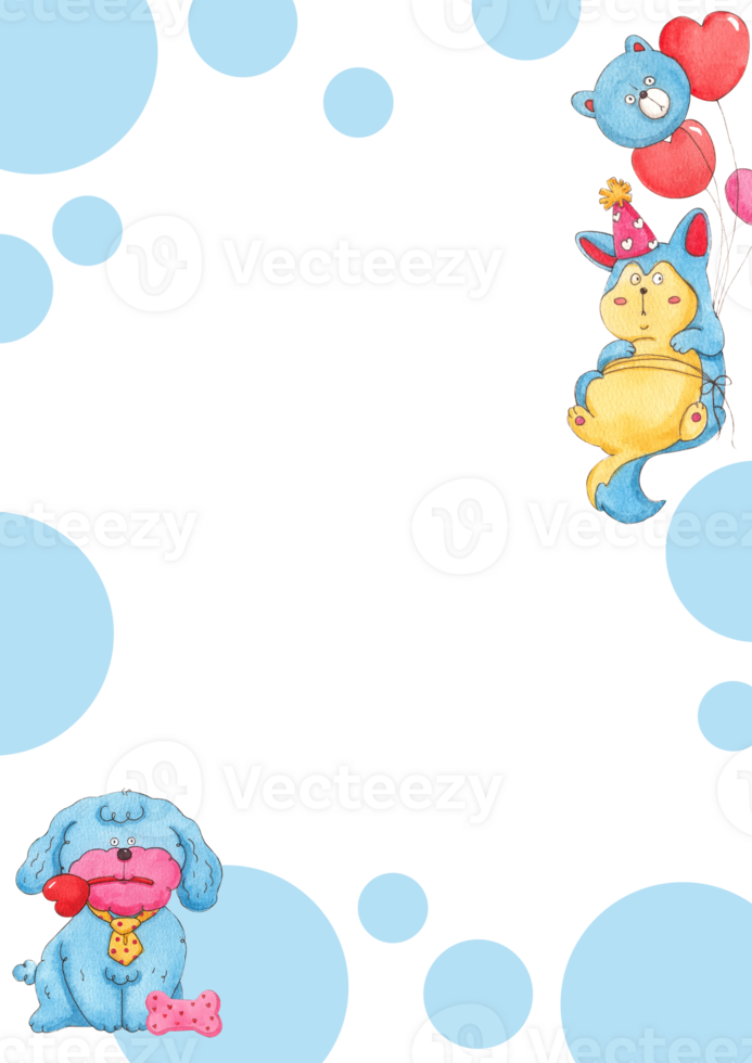 A fat cat wearing a party hat, tied with many balloons, and a blue dog holding a heart., hand-drawn watercolor frame design png