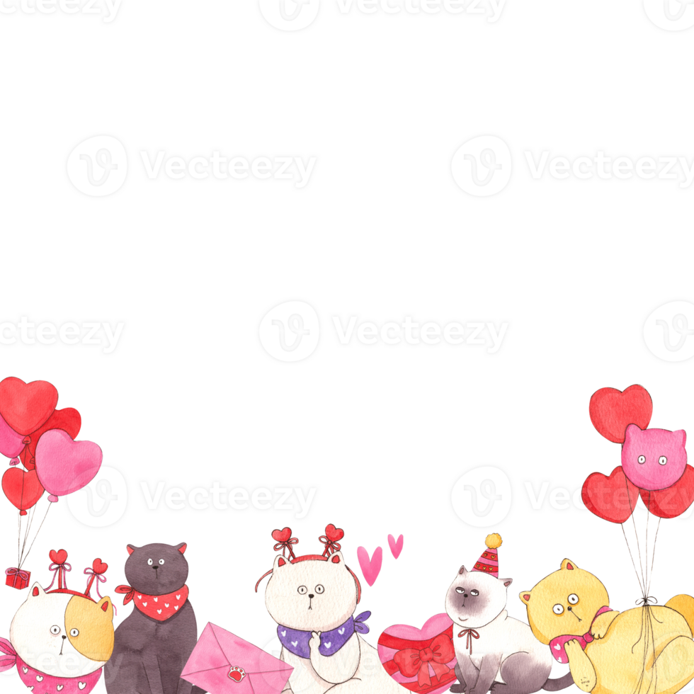 A fat dog wearing a heart-patterned headband, a brown cat standing next to an envelope, a Siamese cat wearing a party hat, and balloons.., hand-drawn watercolor frame design png