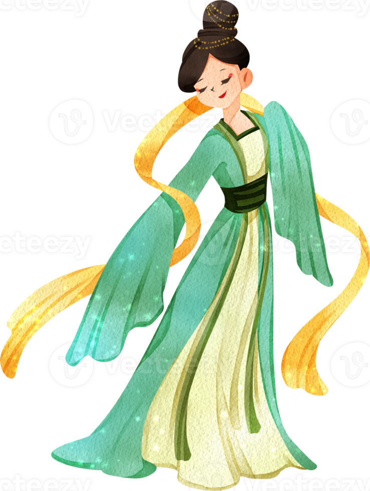 Chinses tender woman cartoon and decor watercolor hand drawn png
