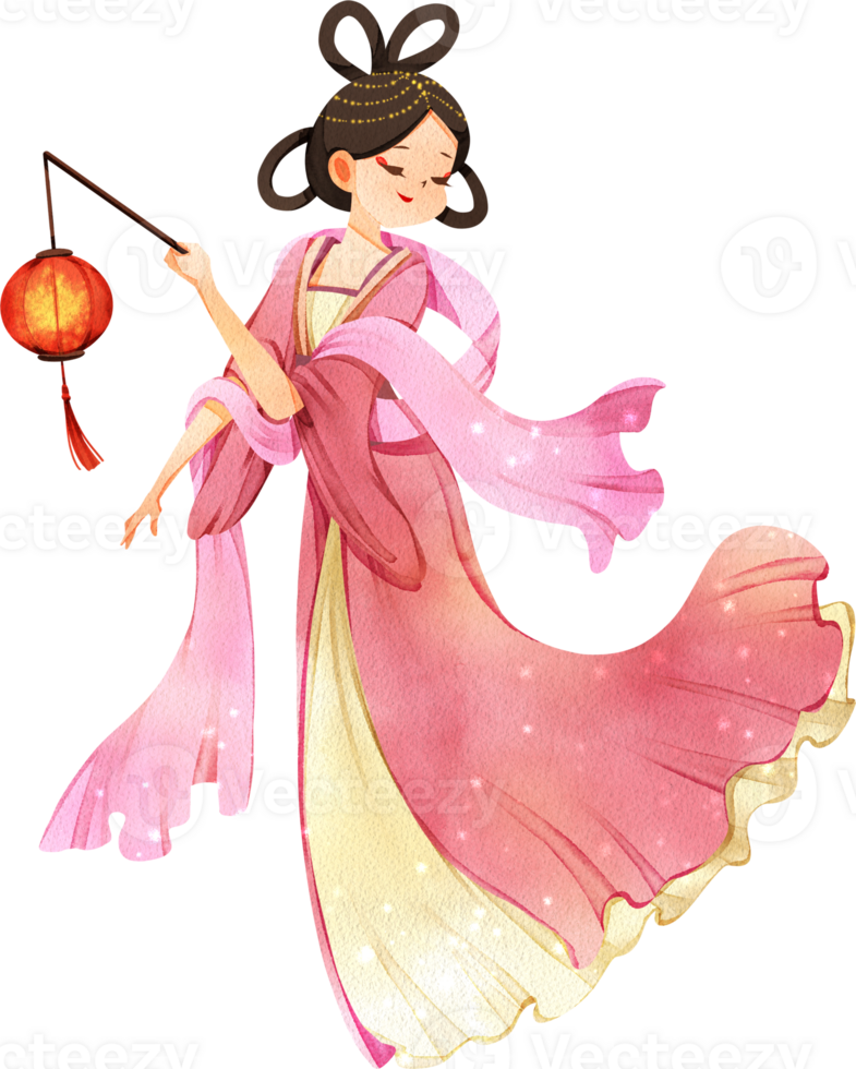 Chinses tender woman cartoon and decor watercolor hand drawn png