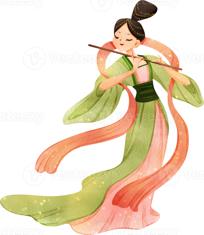 Chinses tender woman cartoon and decor watercolor hand drawn png