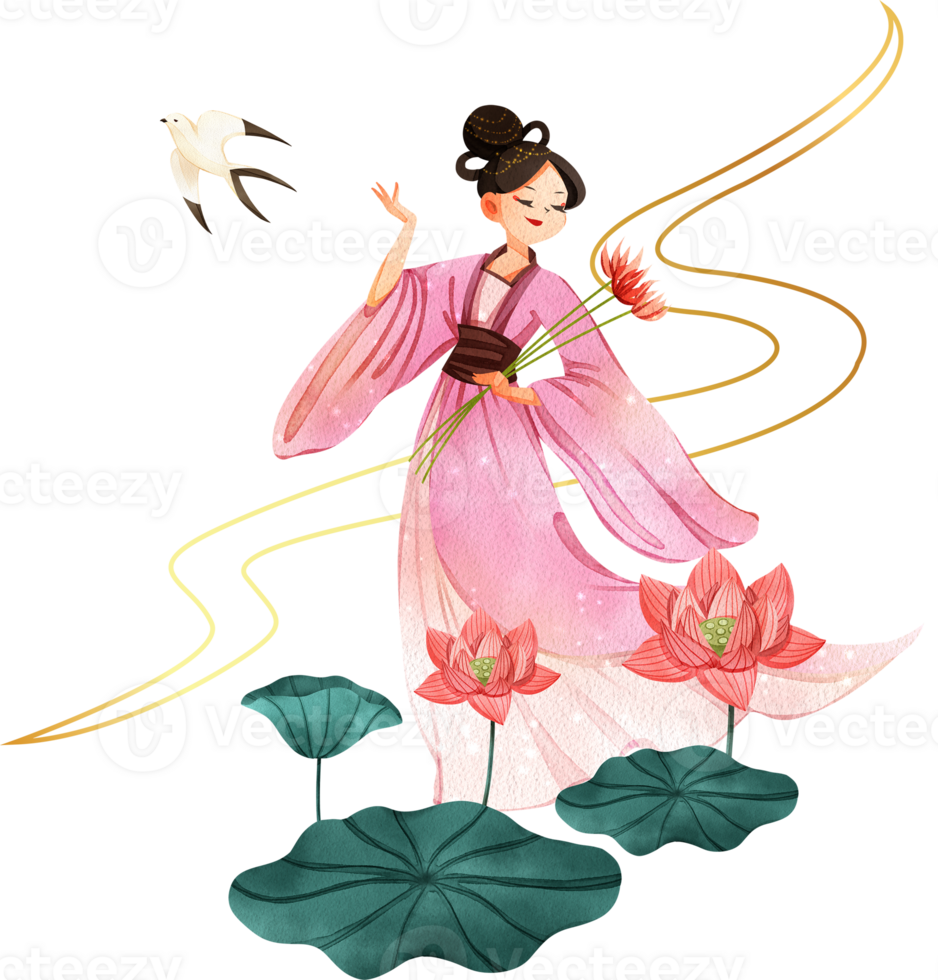 Chinese tender woman cartoon and decor watercolor hand drawn png