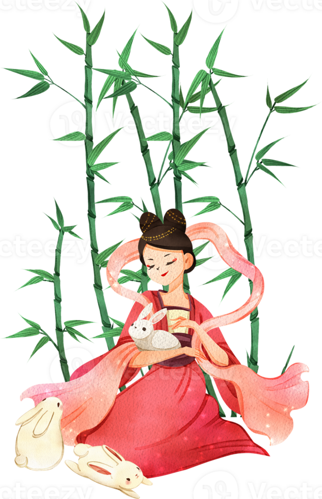 Chinese tender woman cartoon and decor watercolor hand drawn png
