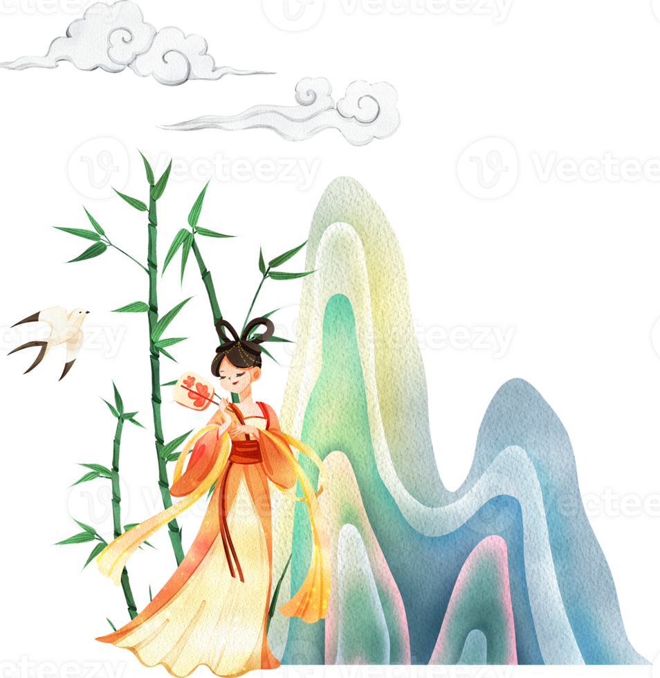 Chinese tender woman cartoon and decor watercolor hand drawn png