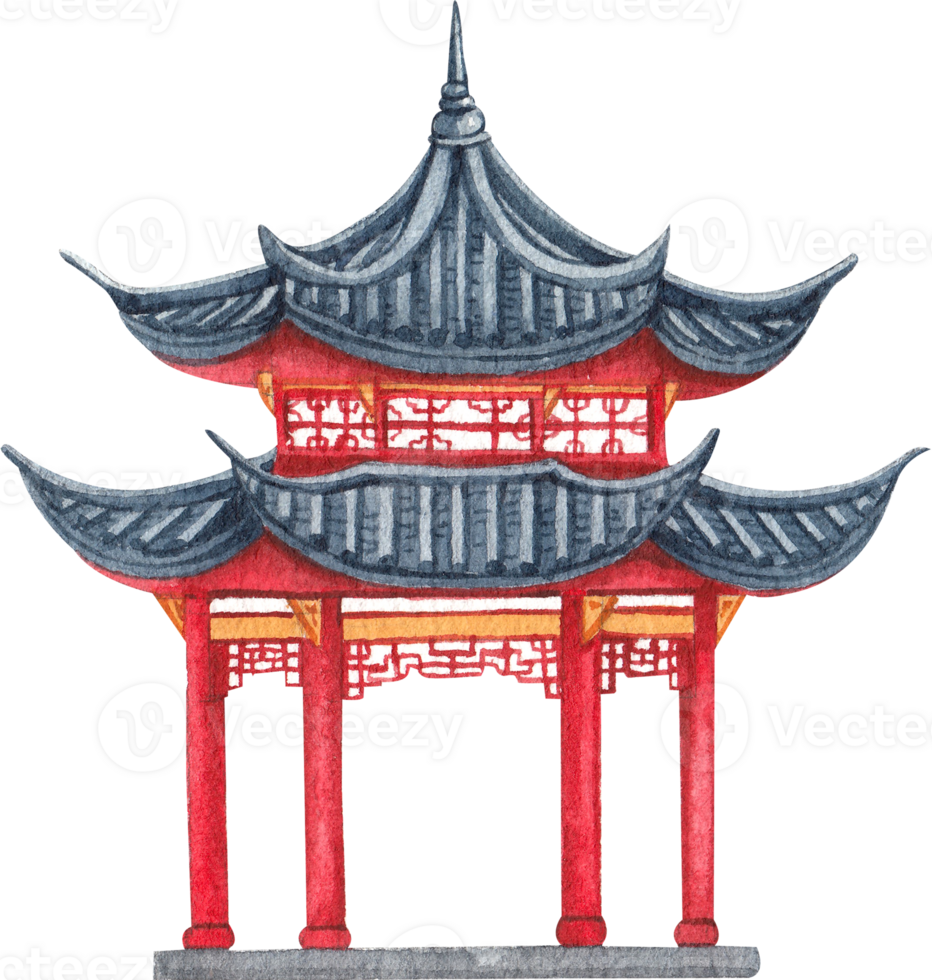 Chinese temple watercolor handdrawn png