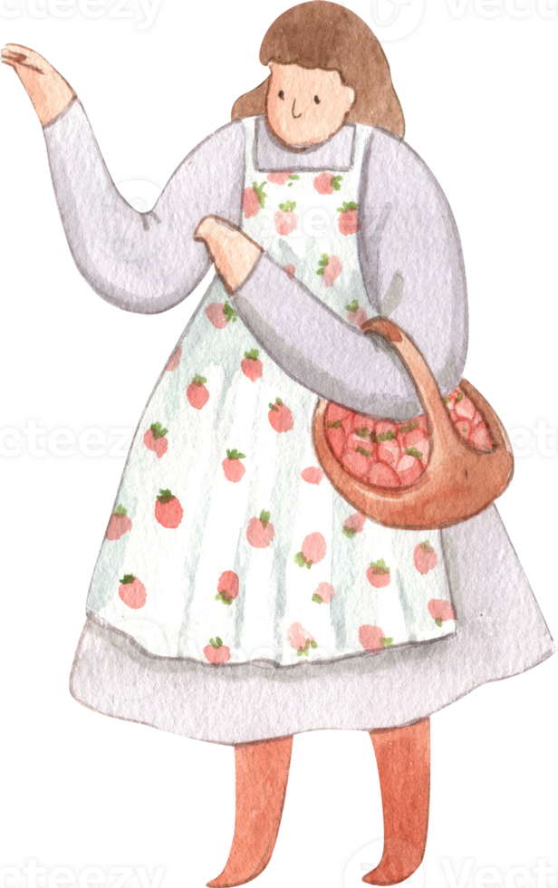 woman holding a picnic basket filled with strawberries, hand-drawn watercolor illustration png