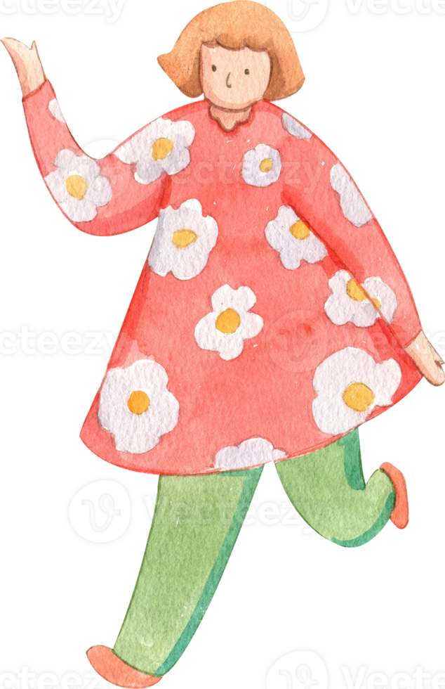 woman in a floral shirt running, hand-drawn watercolor illustration png