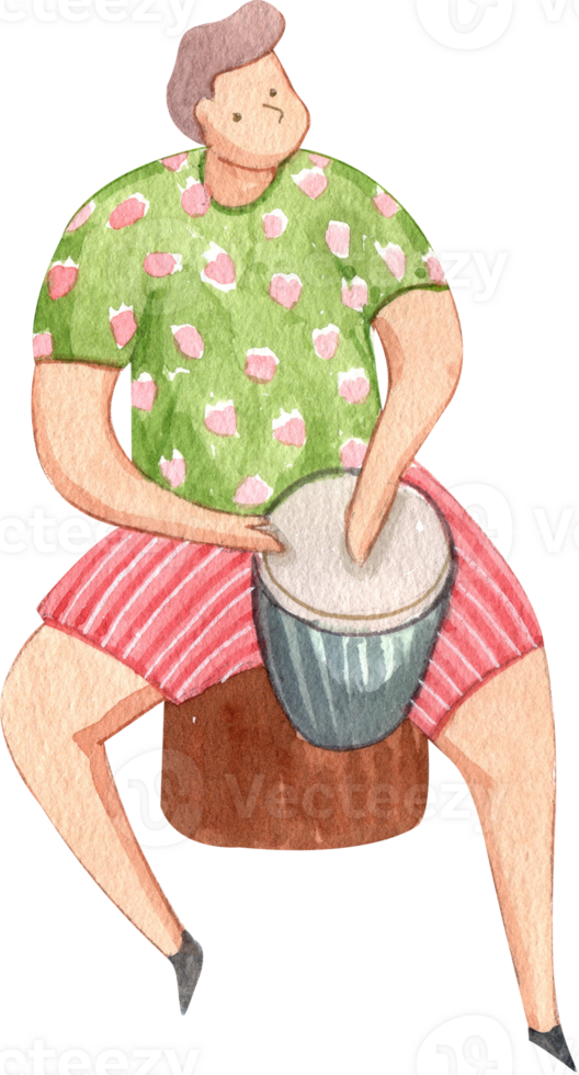 man playing drums, hand-drawn watercolor illustration png