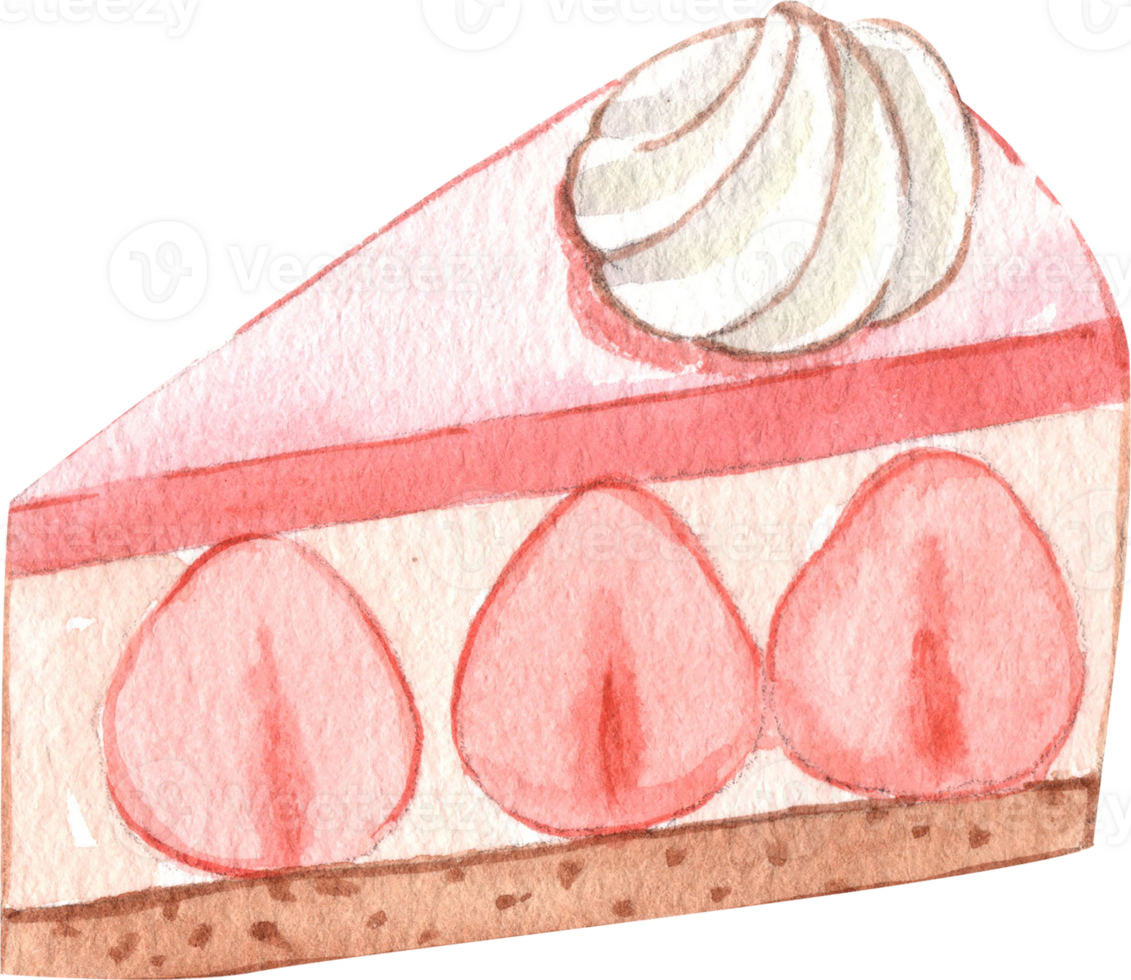 strawberry cake with fresh strawberries and whipped cream, hand-drawn watercolor illustration png