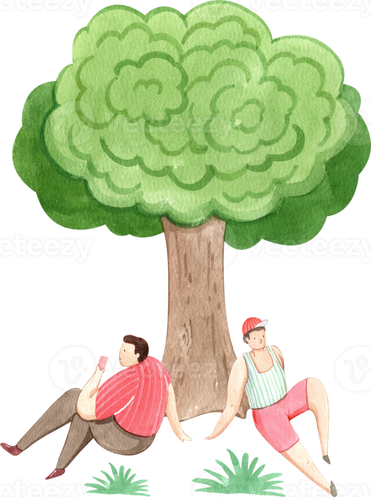 man sips wine while sitting under a tree, enjoying the view, hand-drawn watercolor illustration png