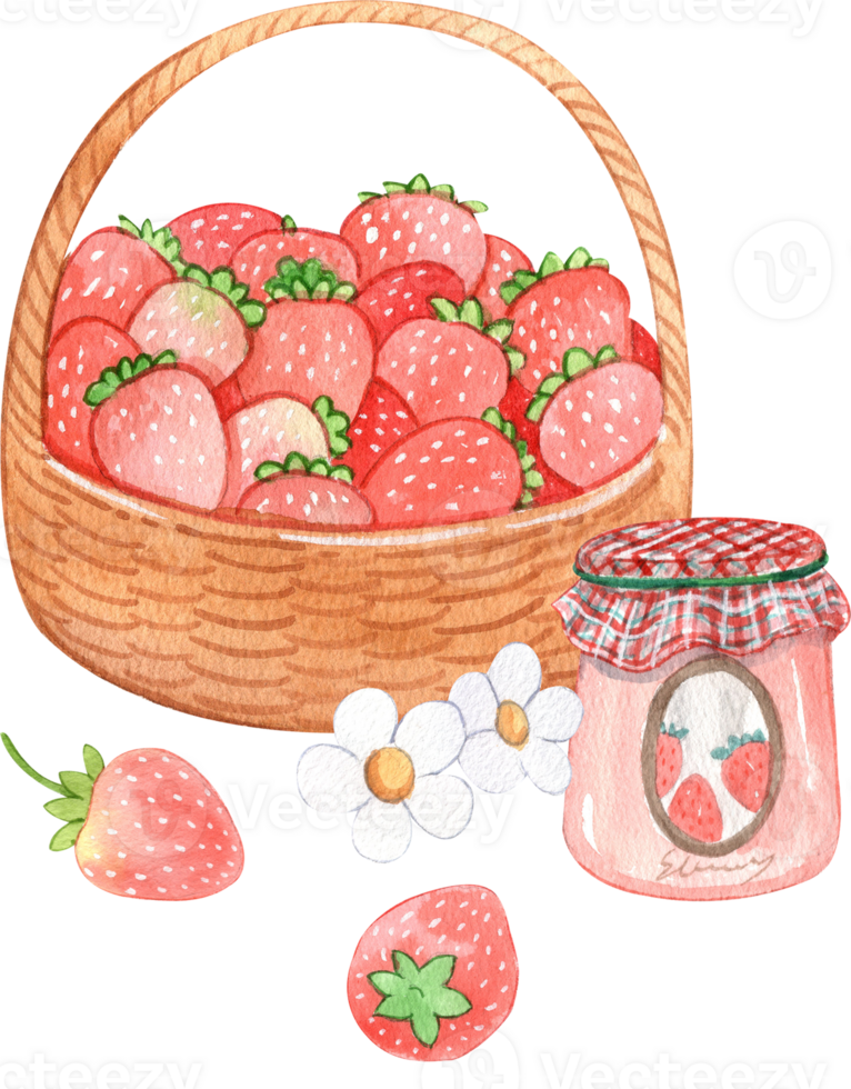 a basket of strawberries and homemade strawberry jam, strawberry festival, hand-drawn watercolor illustration png