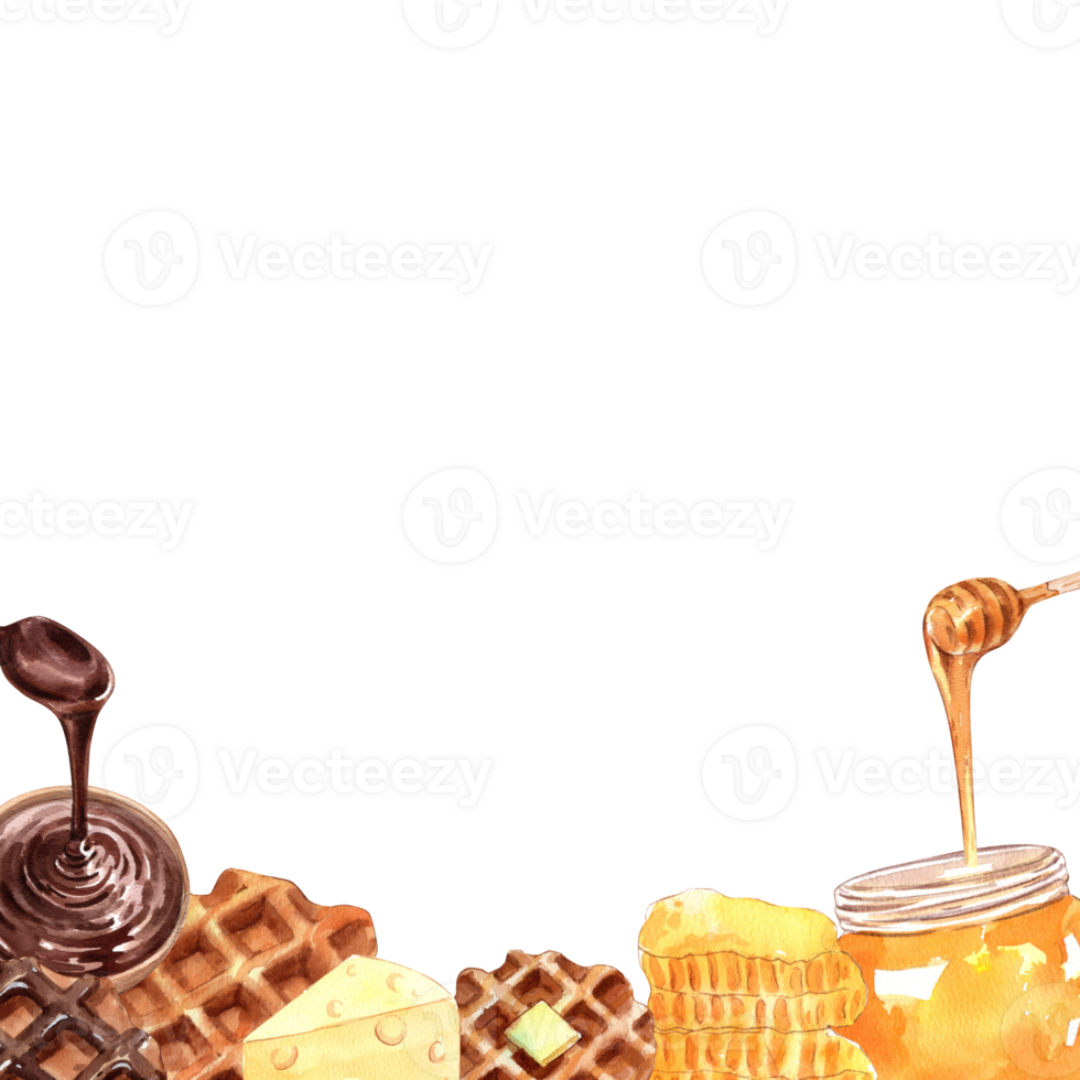 Square frame of chocolate and honey-topped waffles, hand-drawn watercolor illustration. png
