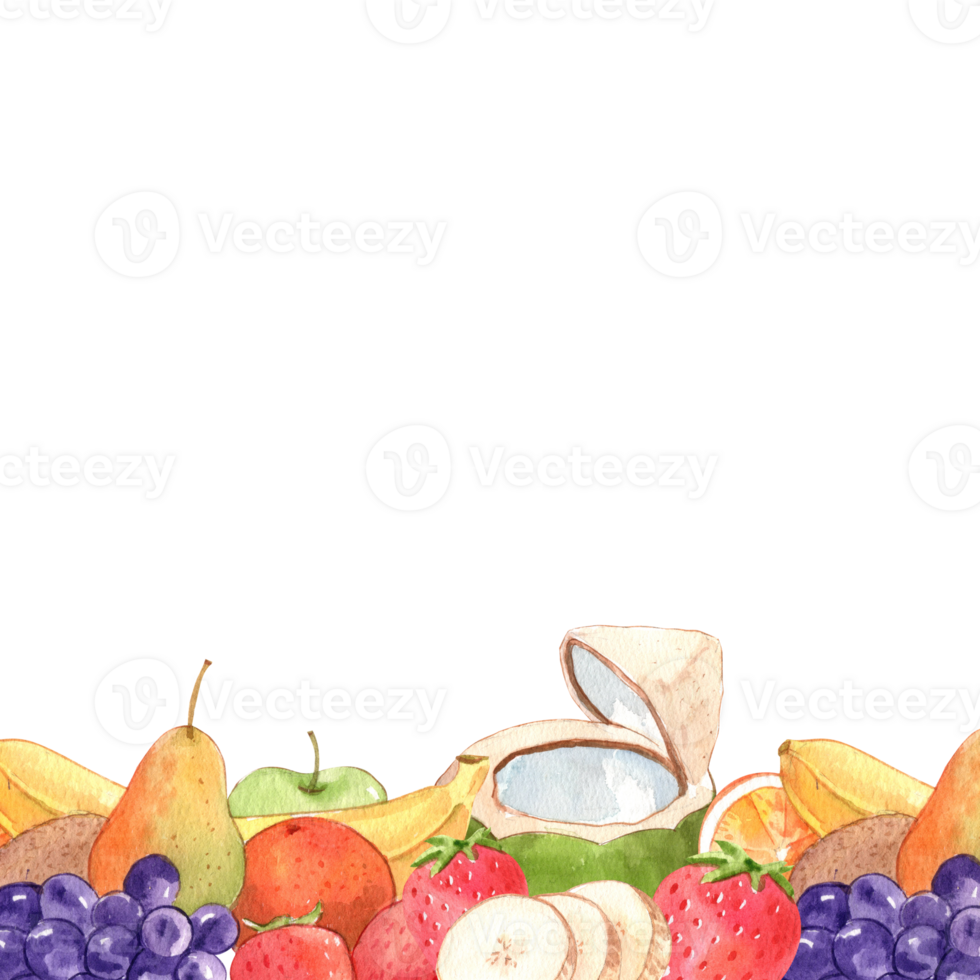 Square frame of various fruits, hand-drawn watercolor illustration. png
