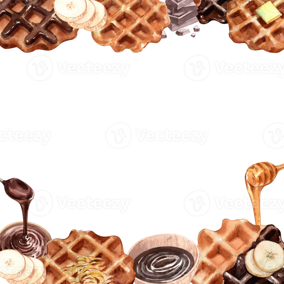 Square frame of chocolate and banana-topped waffles, hand-drawn watercolor illustration. png