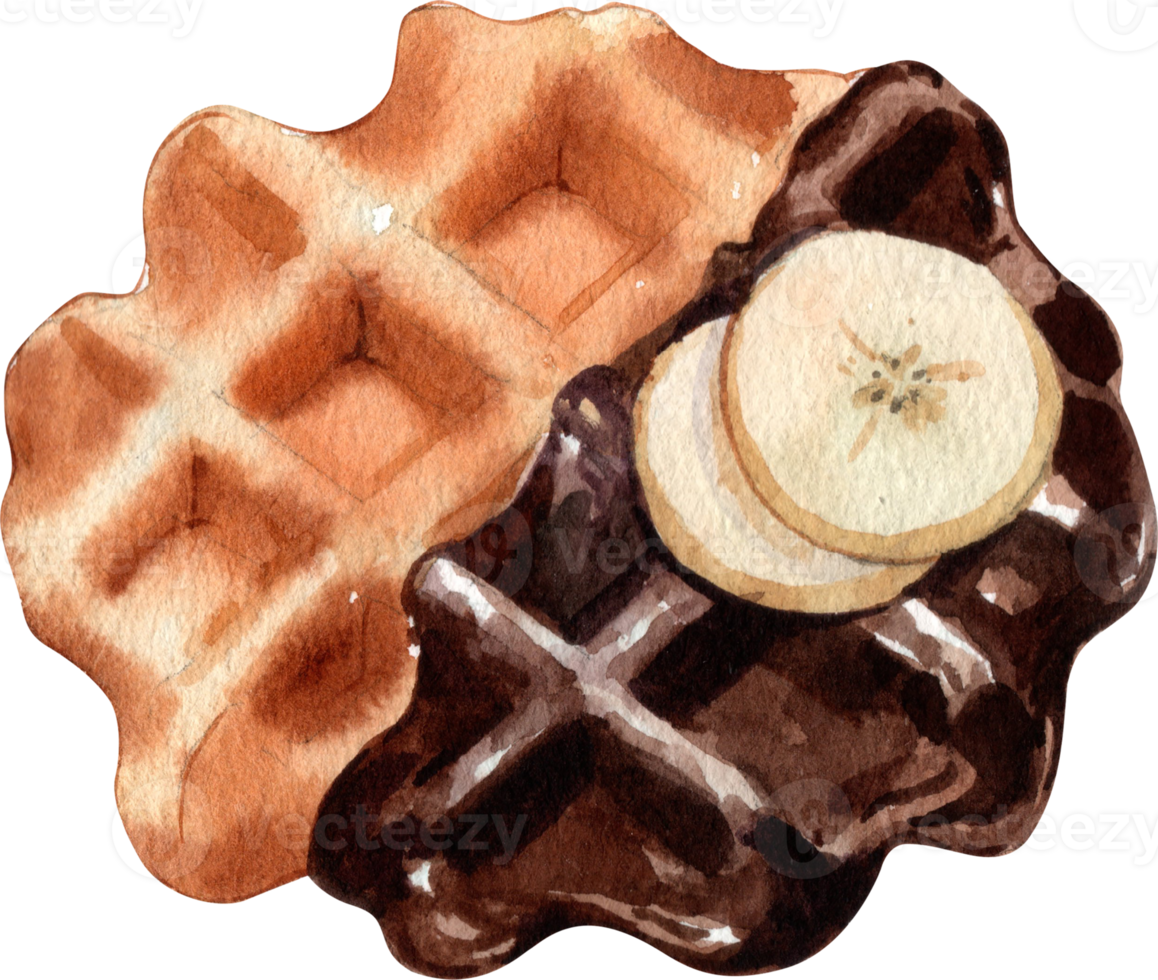 Chocolate waffle topped with banana, Hand Drawn Illustration Watercolor paintin png