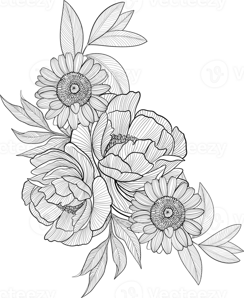 Digital painting illustration of a bouquet of Bobbie flowers and sunflowers in line art style png