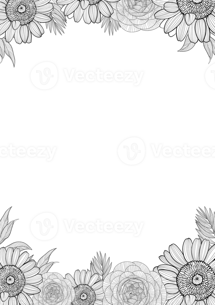 Vertical frame with sunflower illustration in line art style, digital painting. png
