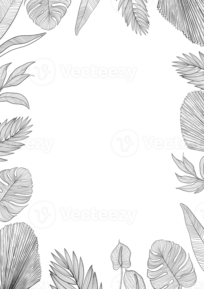 Vertical frame with tropical leaf illustration in line art style, digital painting. png