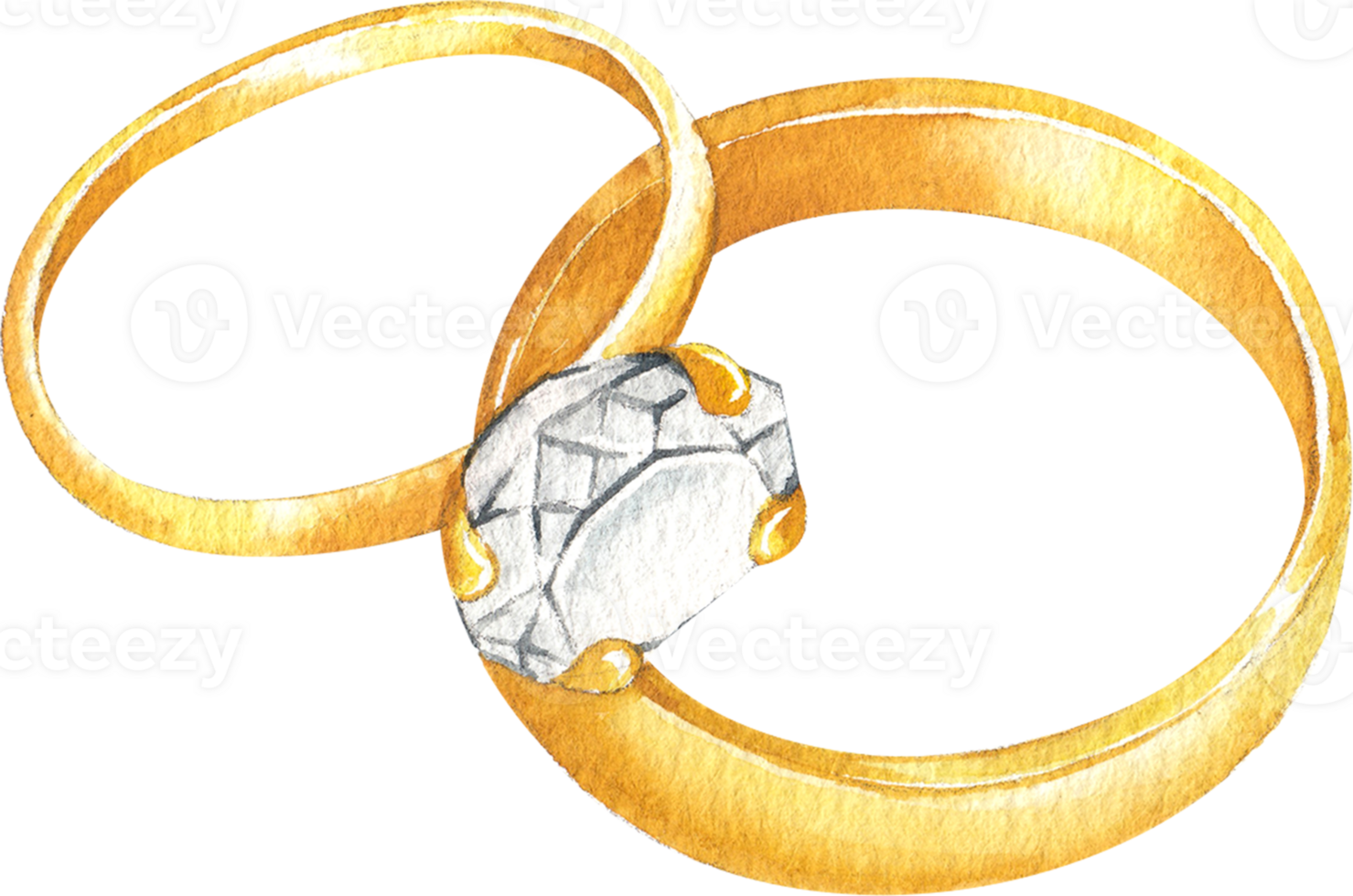 gold diamond ring, wedding band set, Hand Drawn Illustration Watercolor painting png