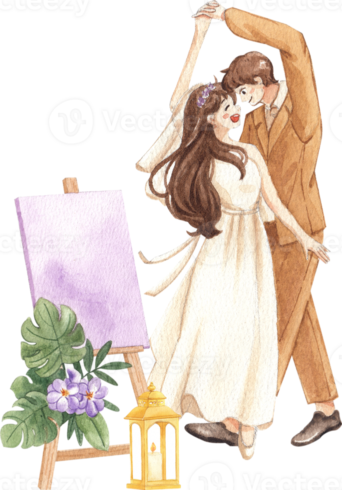 Watercolor illustration of a bride and groom dancing. png