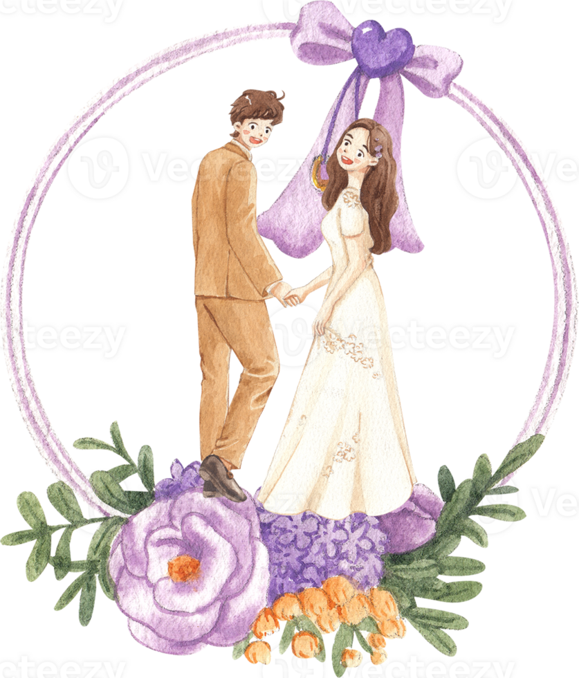 Watercolor round frame of the bride and groom png