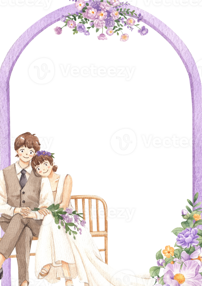 Curved vertical frame of the bride and groom at the wedding, Hand Drawn Illustration Watercolor png