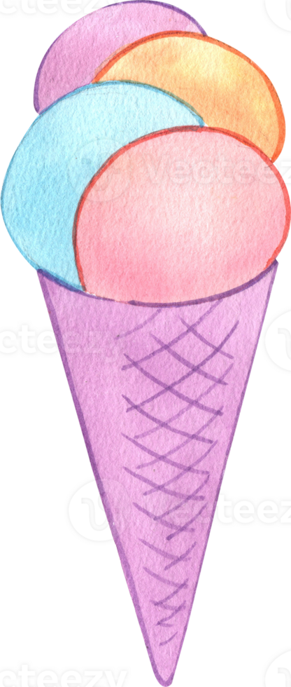 Four scoop ice cream in a waffle cone, Hand Drawn Illustration Watercolor painting png