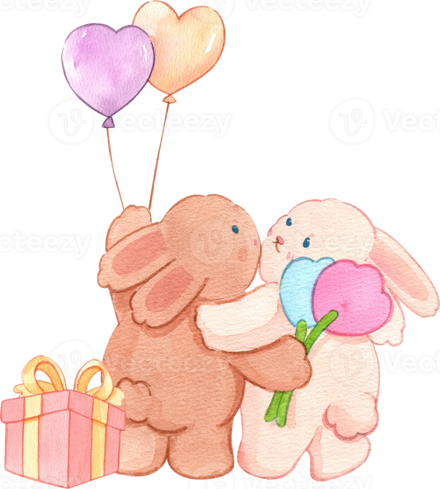 Two adorable little rabbits standing playing balloons, Watercolor illustration png