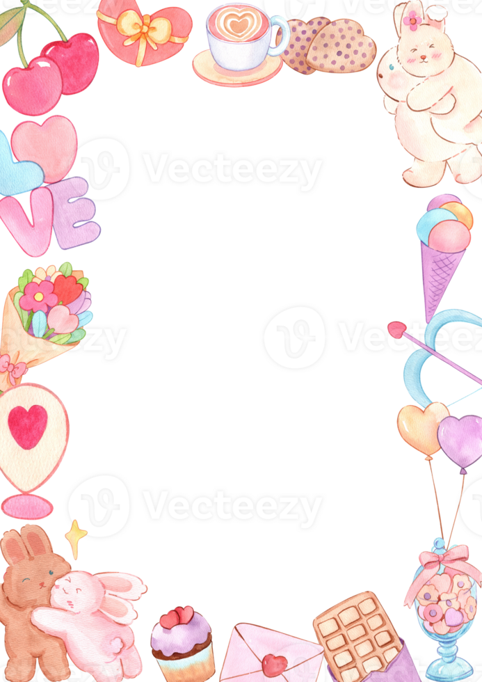 Items representing love in a vertical frame watercolor illustration. png