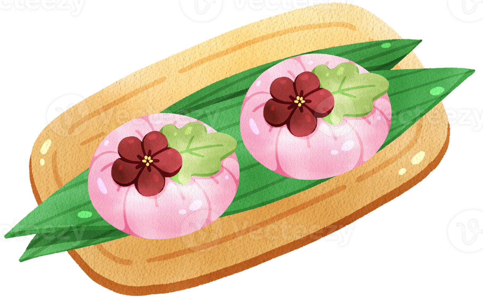 Pink flower Nerikiri on wood plate, Japanese Dessert, watercolor digital painting hand-drawn png