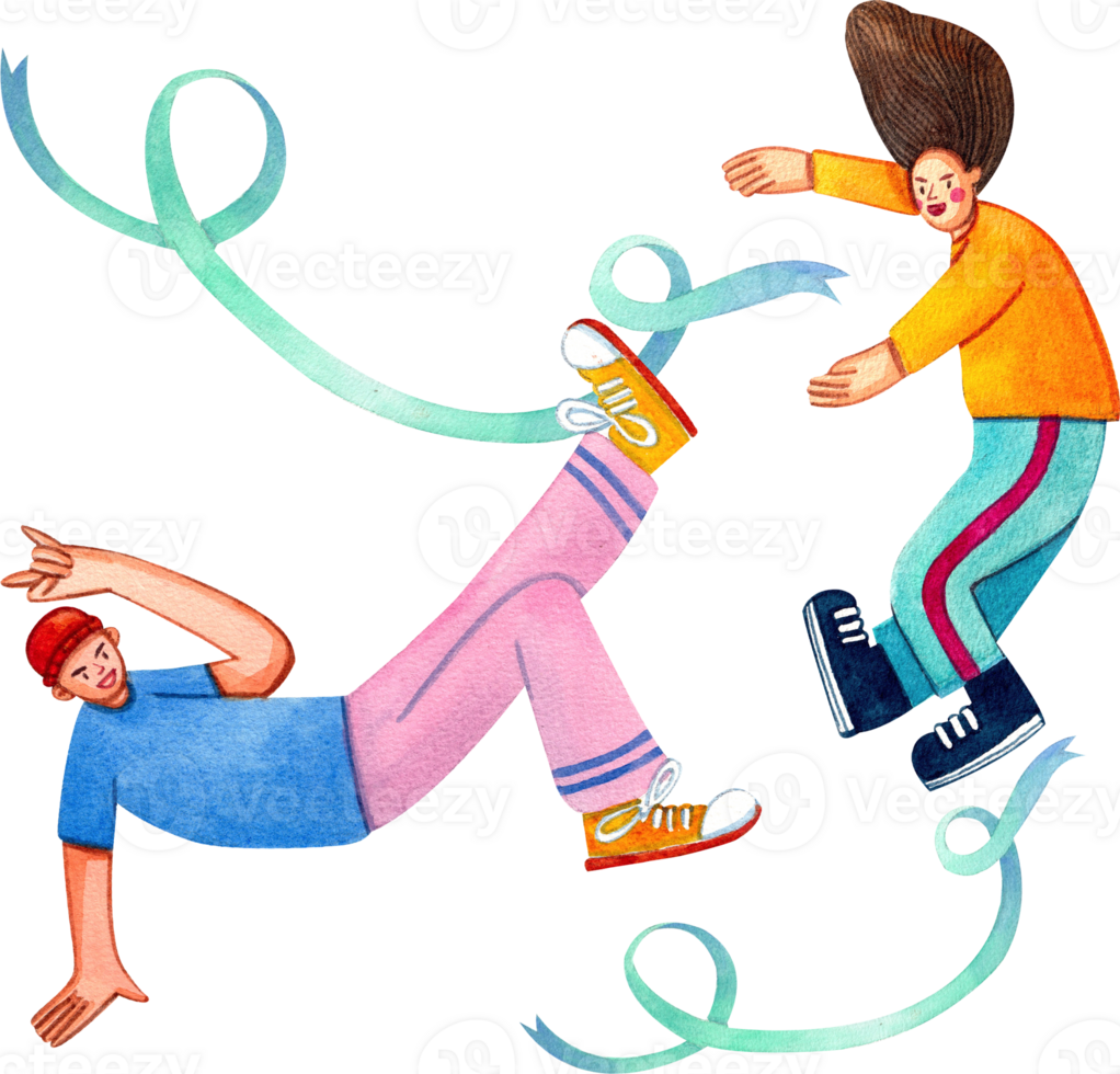 Two men are hip hop dancing together with ribbons around them ,Hand-drawn watercolor painting illustration png