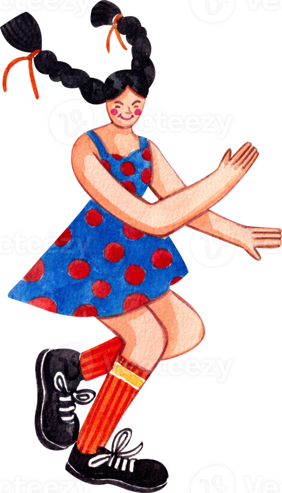 Teenage girl with long braids dancing while listening to music, Hand-drawn watercolor painting illustration png