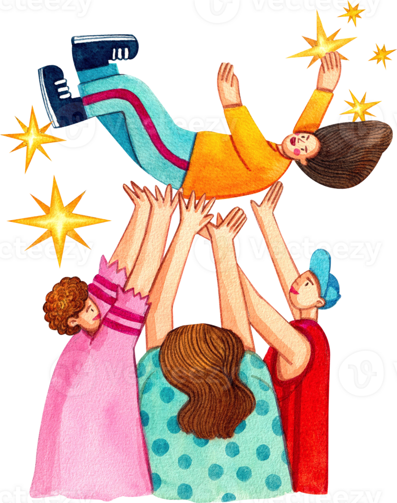 Teenagers throw people into the sky in celebration, having fun,Hand-drawn watercolor painting illustration png