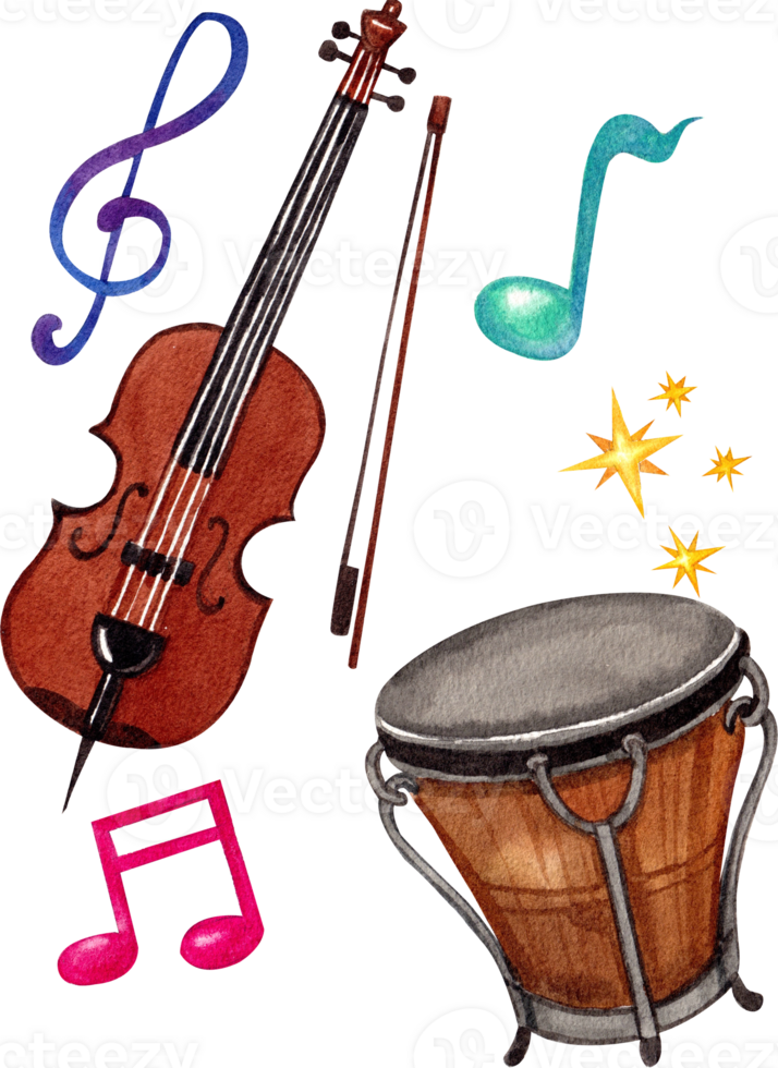 Violin and wood drum,musician instrument ,Handdrawn watercolor painting illustration png