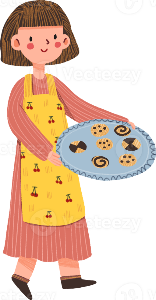 Short-Haired Woman in Yellow Cherry Apron Holding Cookie Tray, hand-drawn digital painting illustration png