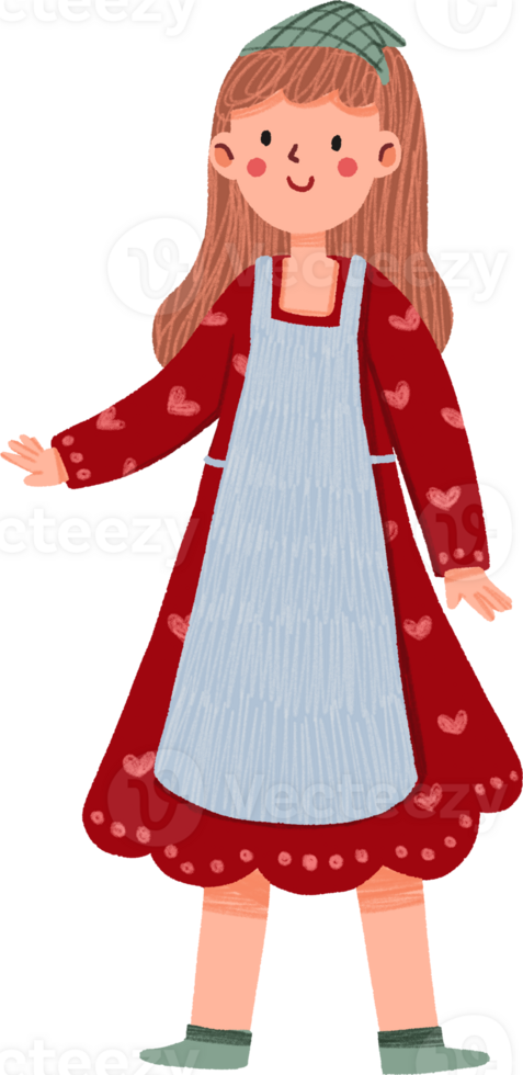 Woman in Red Dress with Apron, Long Hair, Gesturing Hand, hand-drawn digital painting illustration png