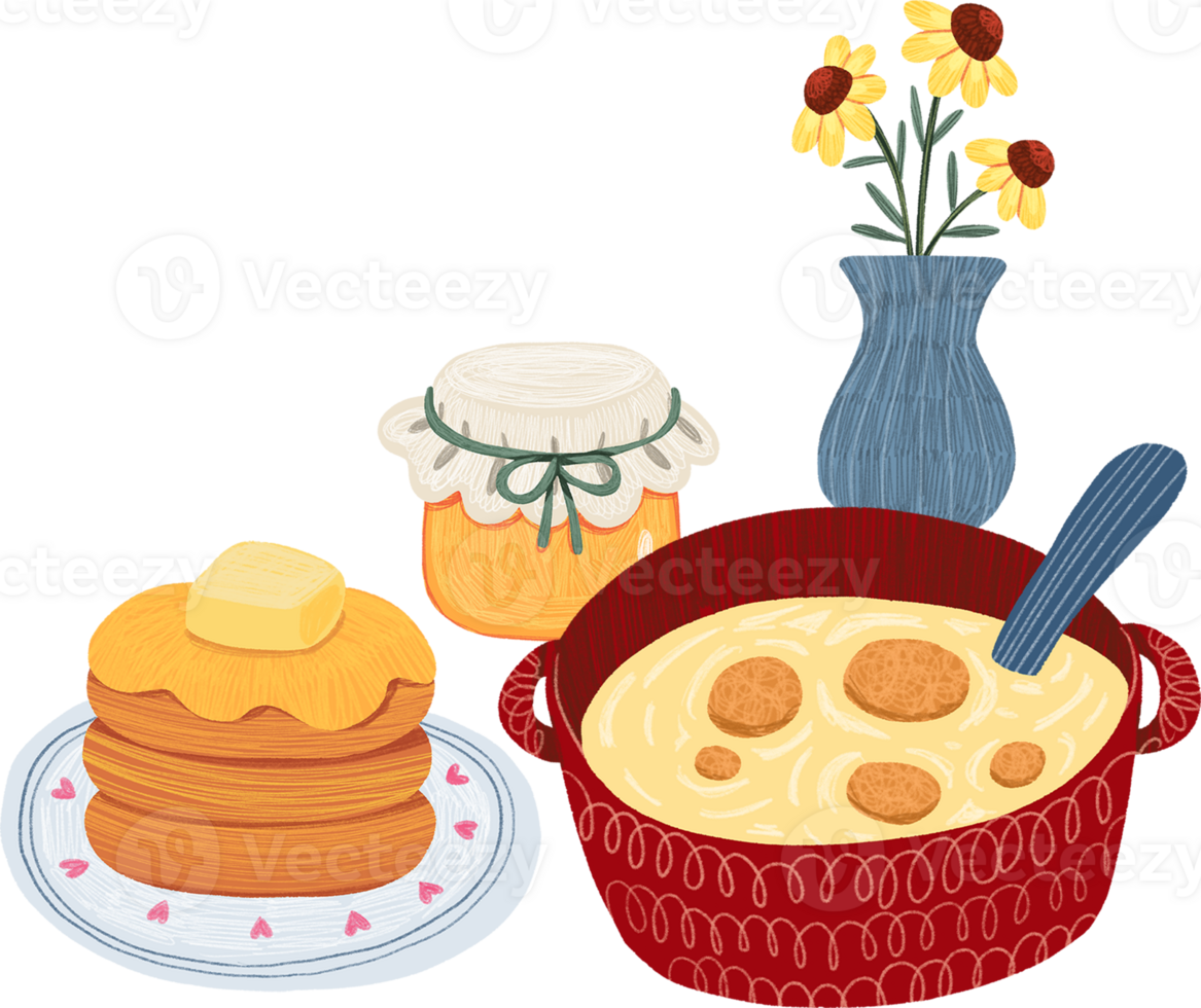 delicious soup served with pancakes and flowers, hand-drawn digital painting illustration png