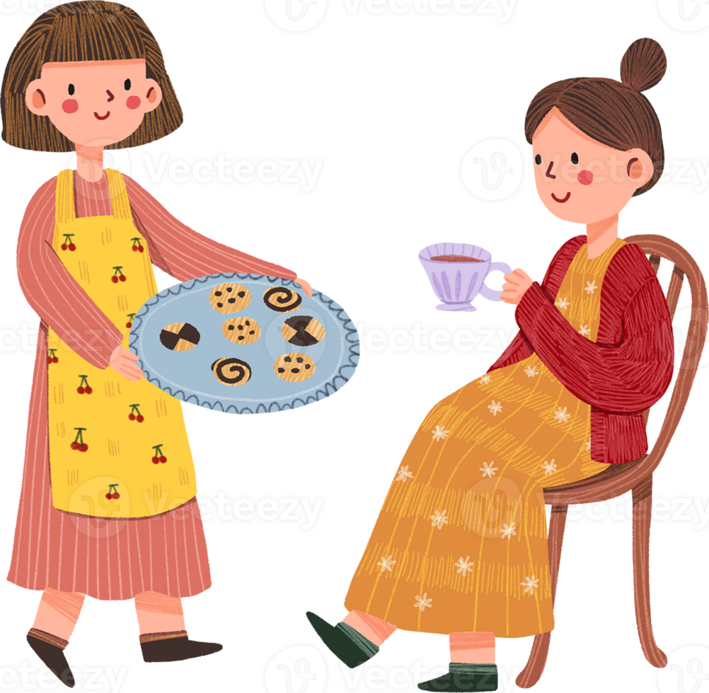 one woman with cookie tray, one woman with teacup, hand-drawn digital painting illustration png