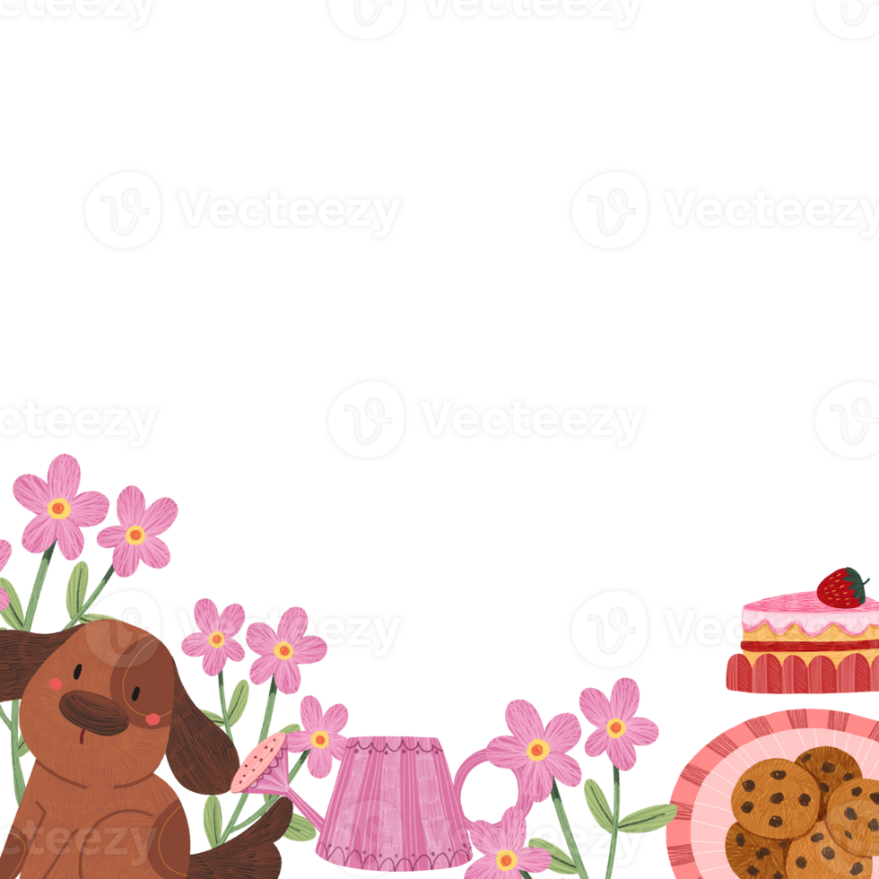 spring tea time, hand-drawn digital painting frame design png