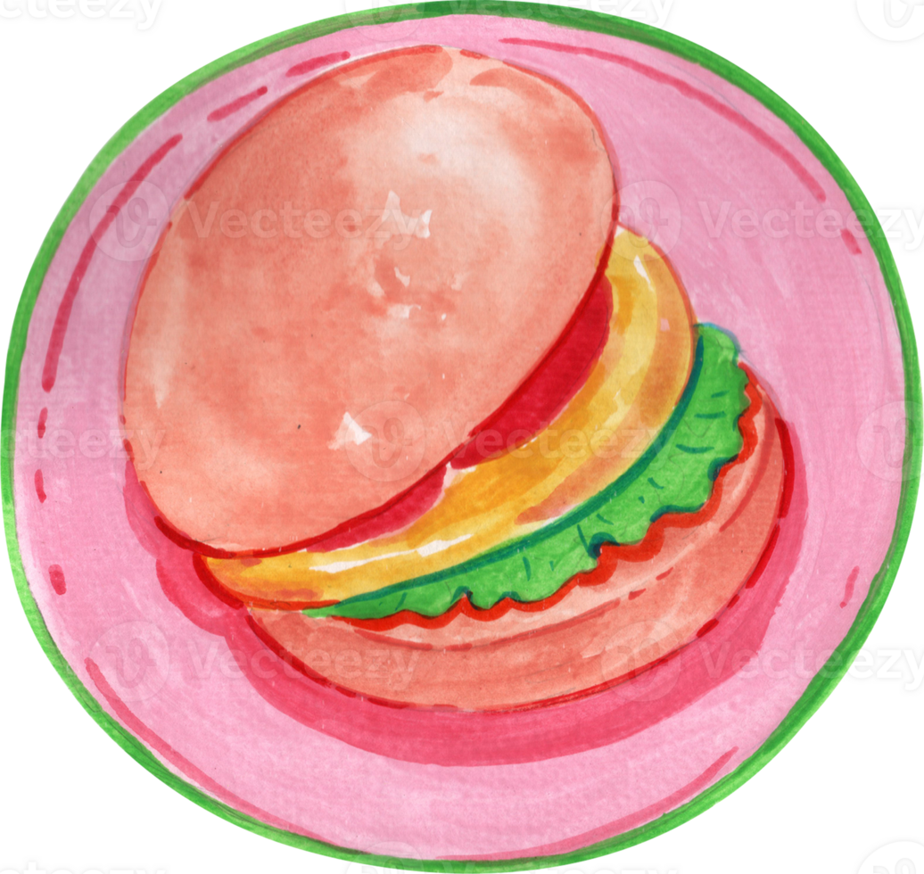 Burger on a plate, watercolor painting hand-drawn illustration png