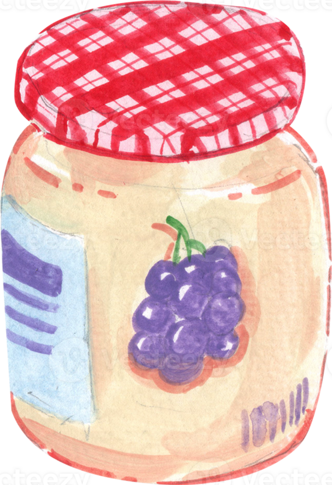 Grape jam in a glass jar, watercolor painting hand-drawn illustration png