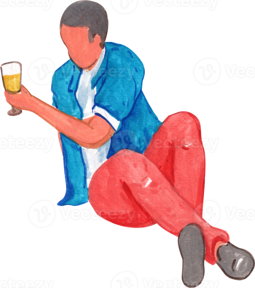 Man sitting and drinking fruit juice at a picnic watercolor painting hand-drawn illustration png