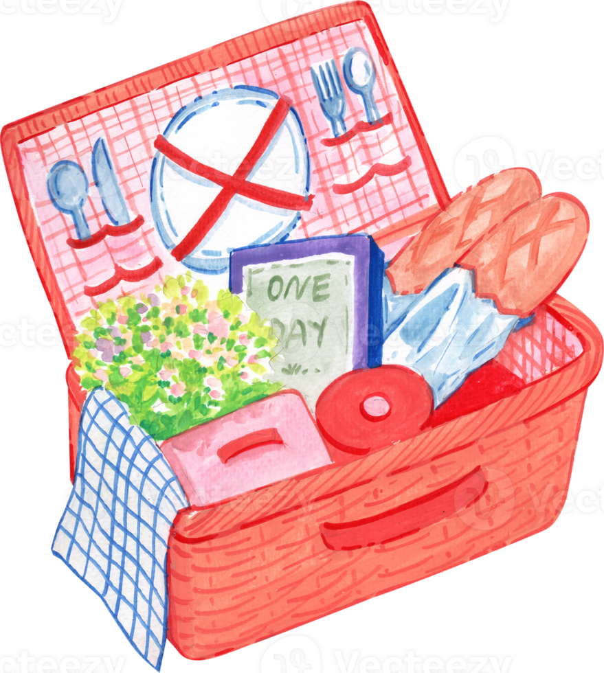 Picnic basket with food and tableware, watercolor painting hand-drawn illustration png