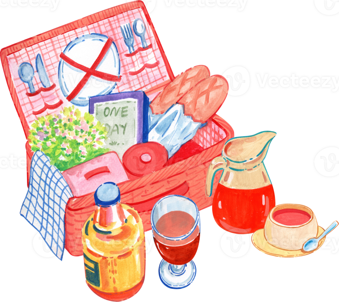 Basket of food and drinks for a picnic, watercolor painting hand-drawn illustration png