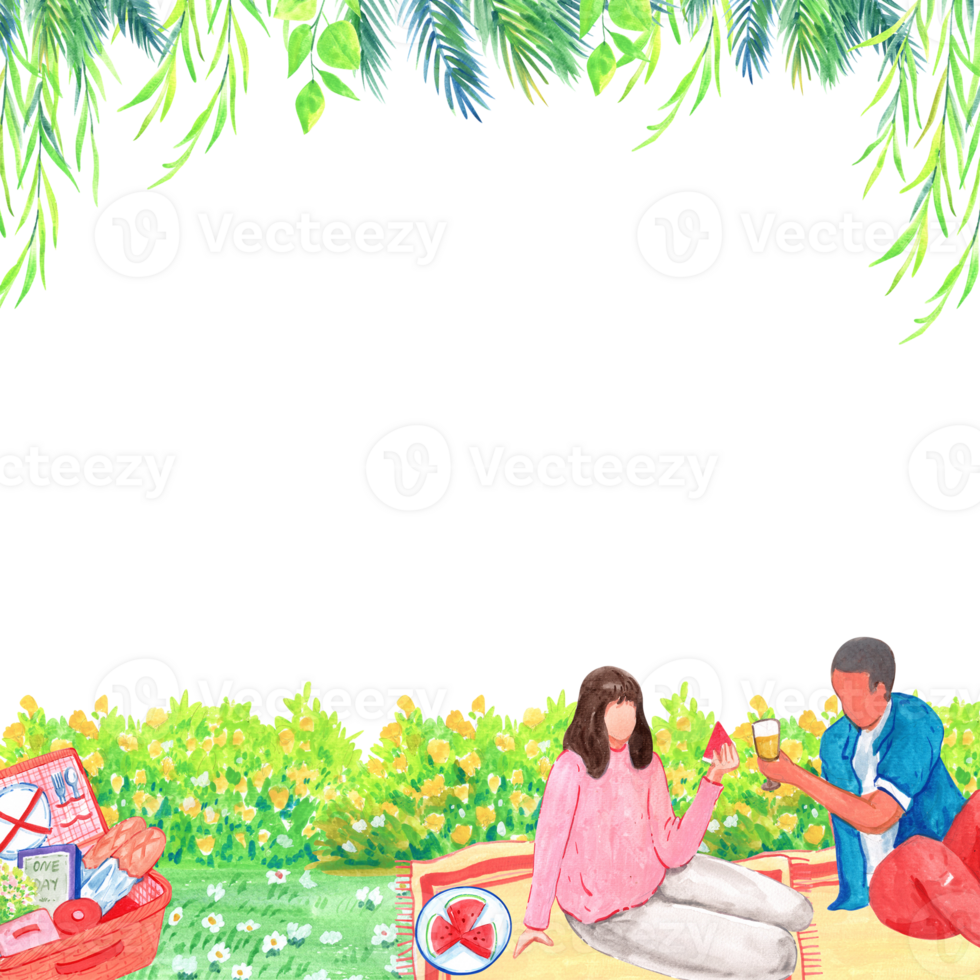 Sitting at a picnic, happily eating and drinking with friends, square frame, watercolor painting hand-drawn illustration png
