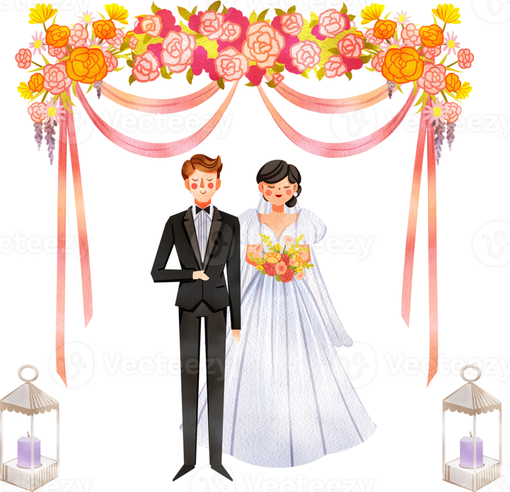 The bride and groom are standing in front of a flower arch at a wedding, Hand Drawn Illustration Watercolor png