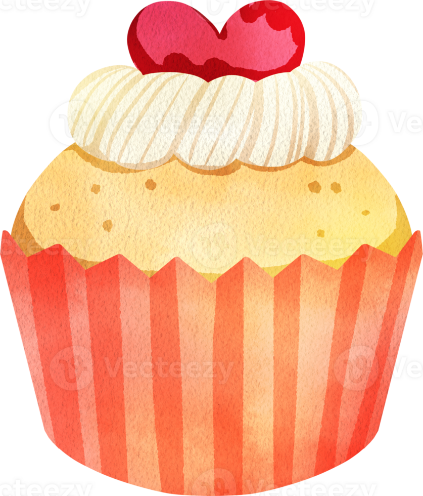 Cupcake Decorated with Cream Frosting and Red Heart Toppers, Hand Drawn Illustration Watercolor png