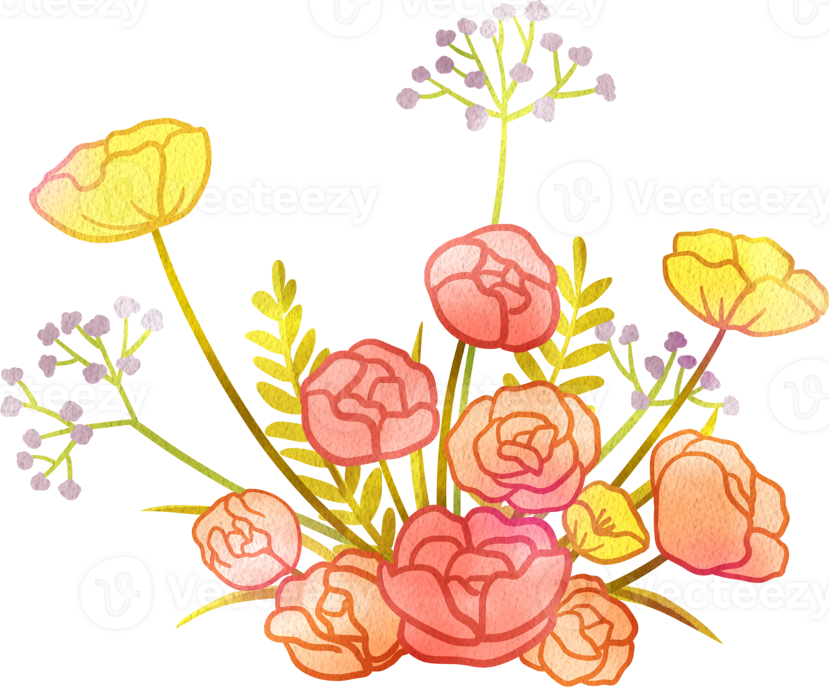 Vibrant Flower Bushes Featuring Multiple Flower Types, Hand Drawn Illustration Watercolor png