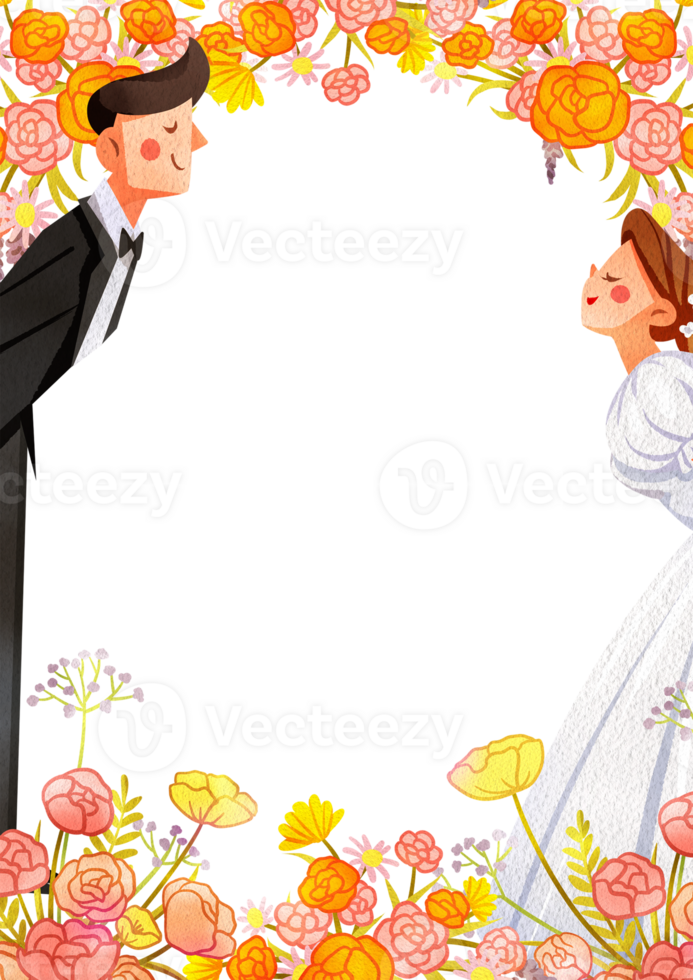 The Bride and Groom Kiss on Wedding Day and Flowers curtain decor, Hand Drawn Illustration Watercolor png